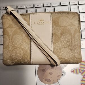 Coach Beige and Cream Signature Wristlet with Gold Logo EUC